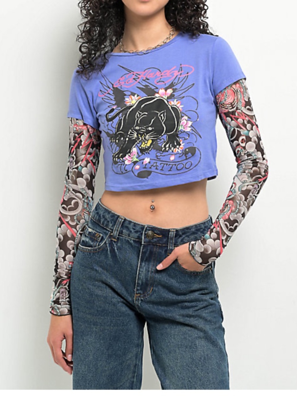 NWT Ed Hardy Sz L Panther Long Tattoo Sleeve Slim Fit Goth Streetwear Crop Top